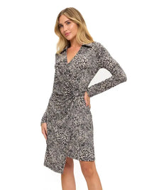 Animal Print Collared Wrap Front Long Sleeve Dress
