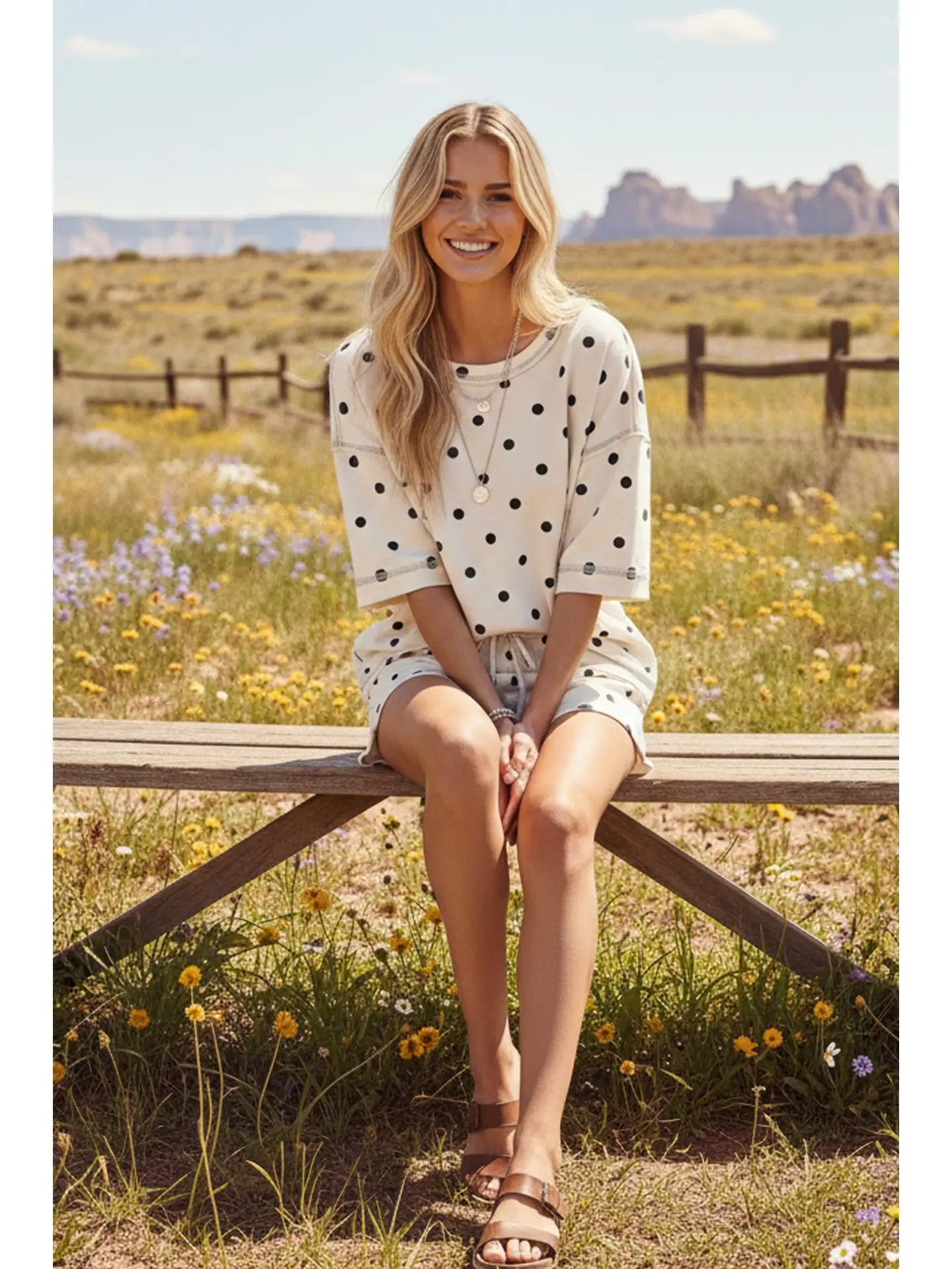 White Polka Dot Lounge Set with Drawstring Shorts