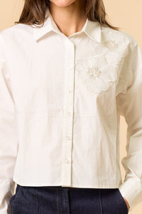Cropped Button-Up Shirt with Floral Appliqué Detail and Long Sleeves