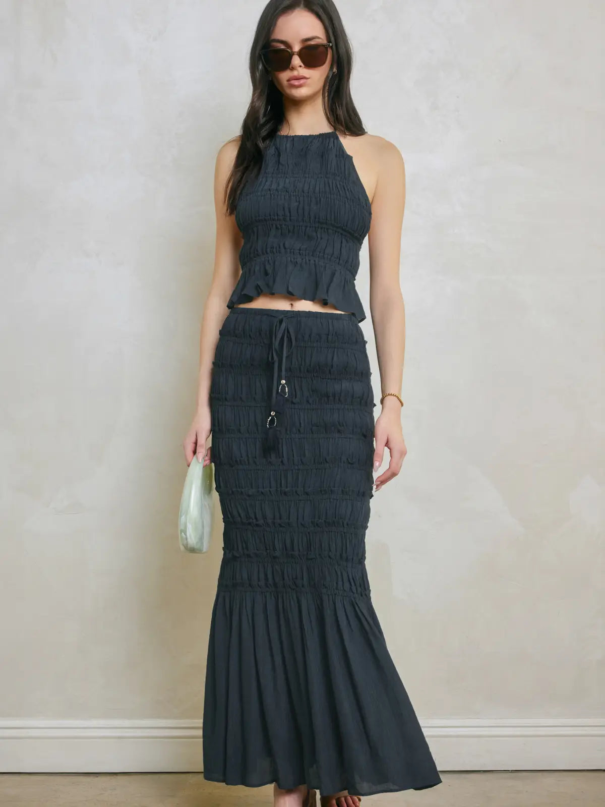 Navy Blue Smocked Halter Crop Top with Open Back Detail