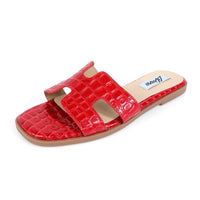 Red Croc Embossed Cutout Strap Flat Slide Sandals