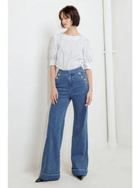 High-Waisted Flare Denim Jeans with Gold Button Detail