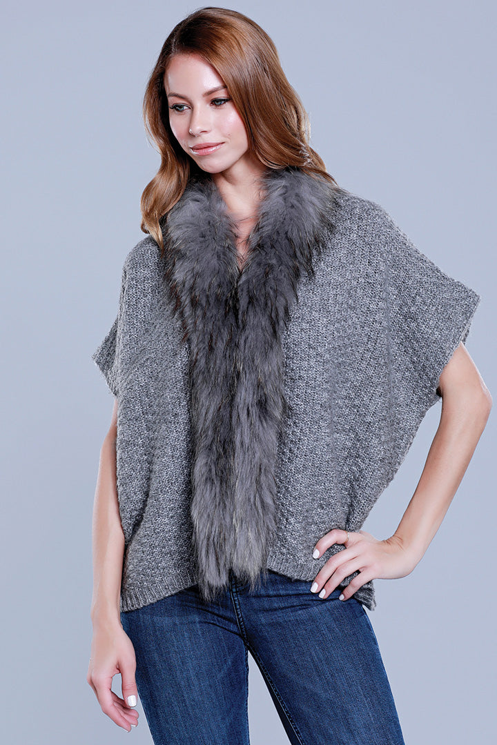 Grey Knitted Poncho with Vegan Fur Collar