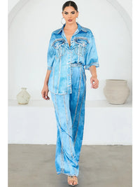 Relaxed Denim Print Button-Up Top and Wide-Leg Pant Set