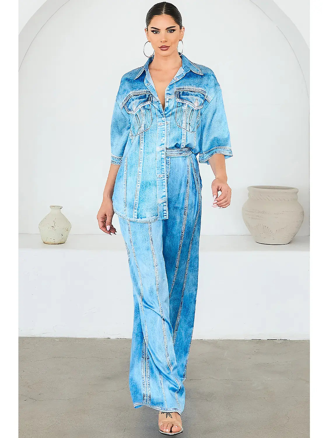 Relaxed Denim Print Button-Up Top and Wide-Leg Pant Set