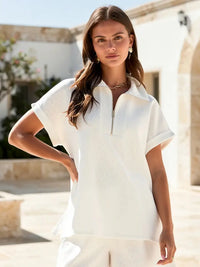 Embossed Textured Zip Collar Top and Shorts Matching Set