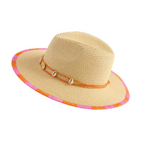 Shell Trim Wide Brim Straw Beach Hat with Contrast Edge