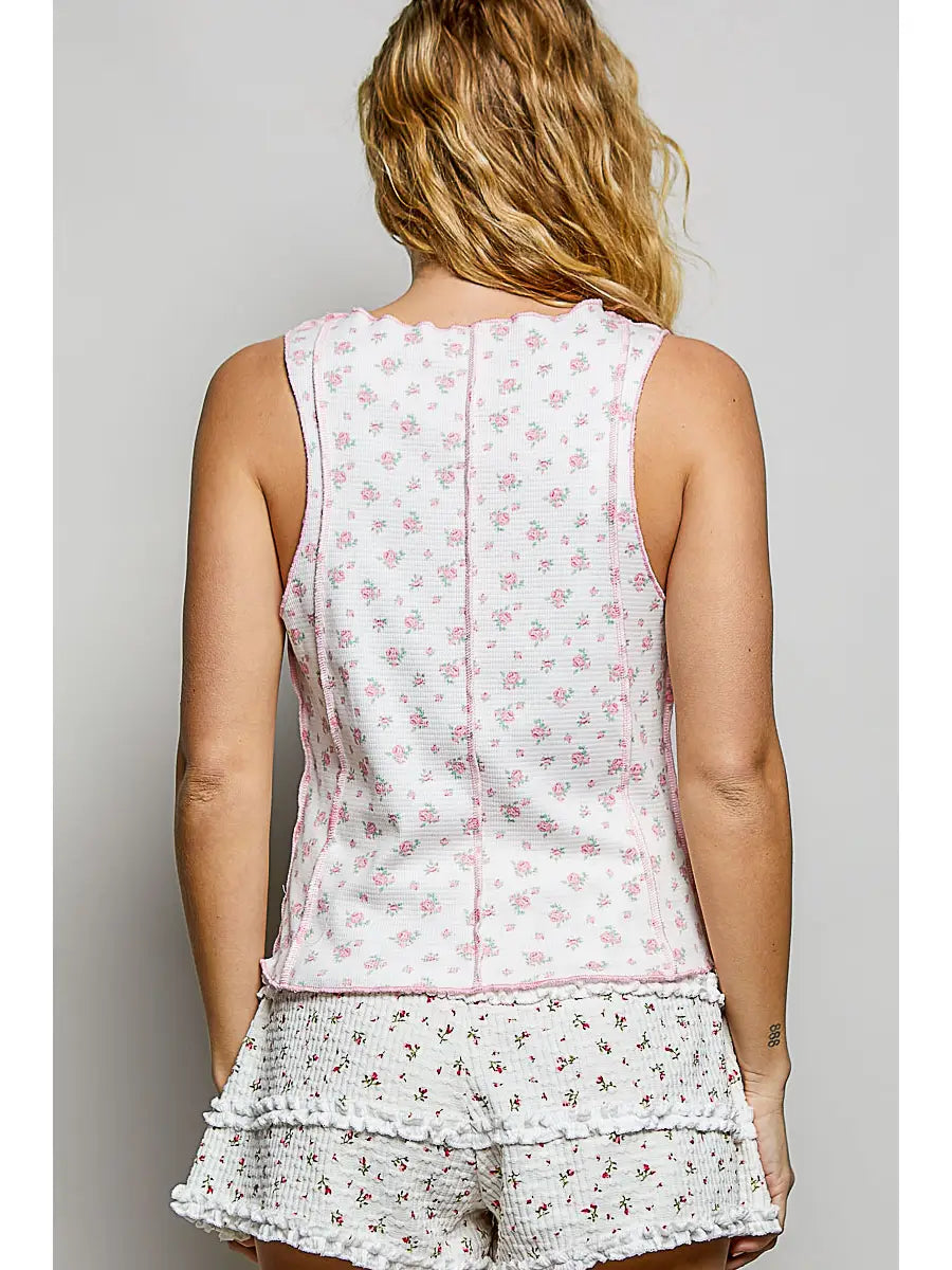 Floral Print Sleeveless Ribbed Tank Top with Lettuce Edge Trim