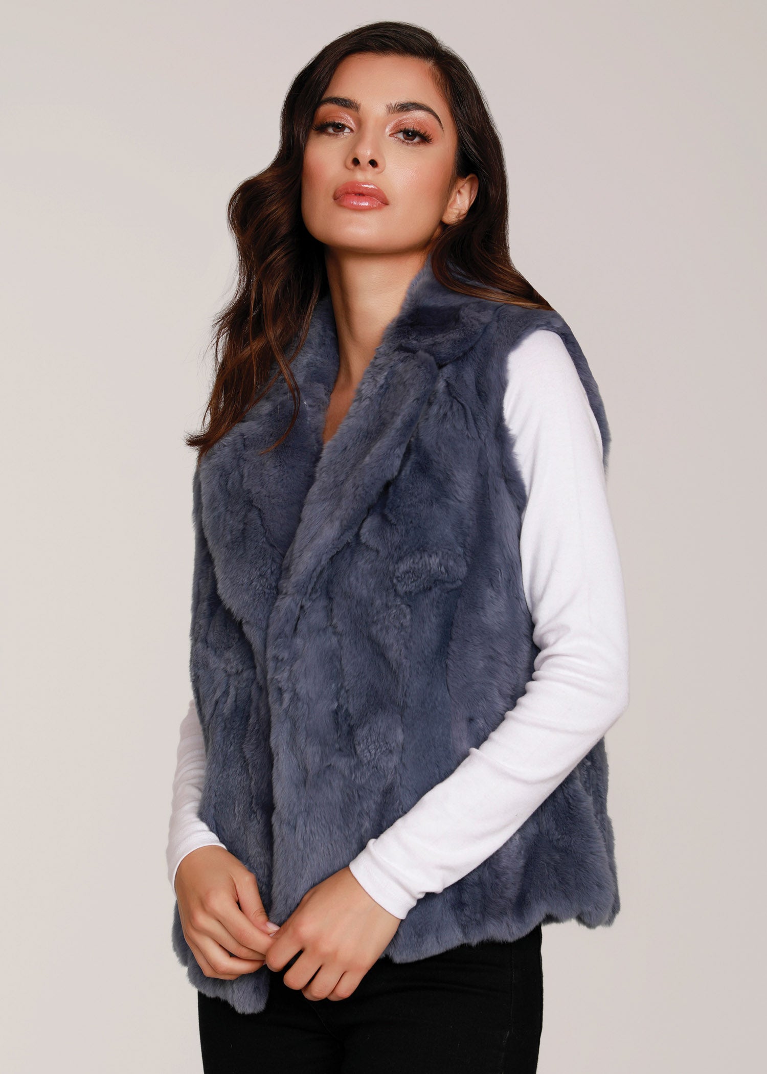 Blue Vegan Fur Vest with Draped Lapel