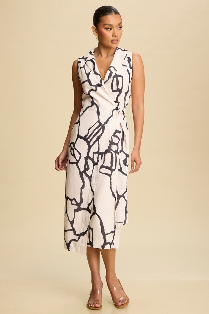 Abstract Black and White Sleeveless Wrap Midi Dress L