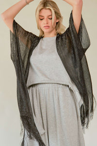 GLITTER TASSEL MESH SLEEVE LOOSE FIT KIMONO COVER UP BLACK