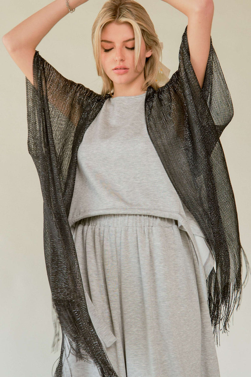 GLITTER TASSEL MESH SLEEVE LOOSE FIT KIMONO COVER UP BLACK