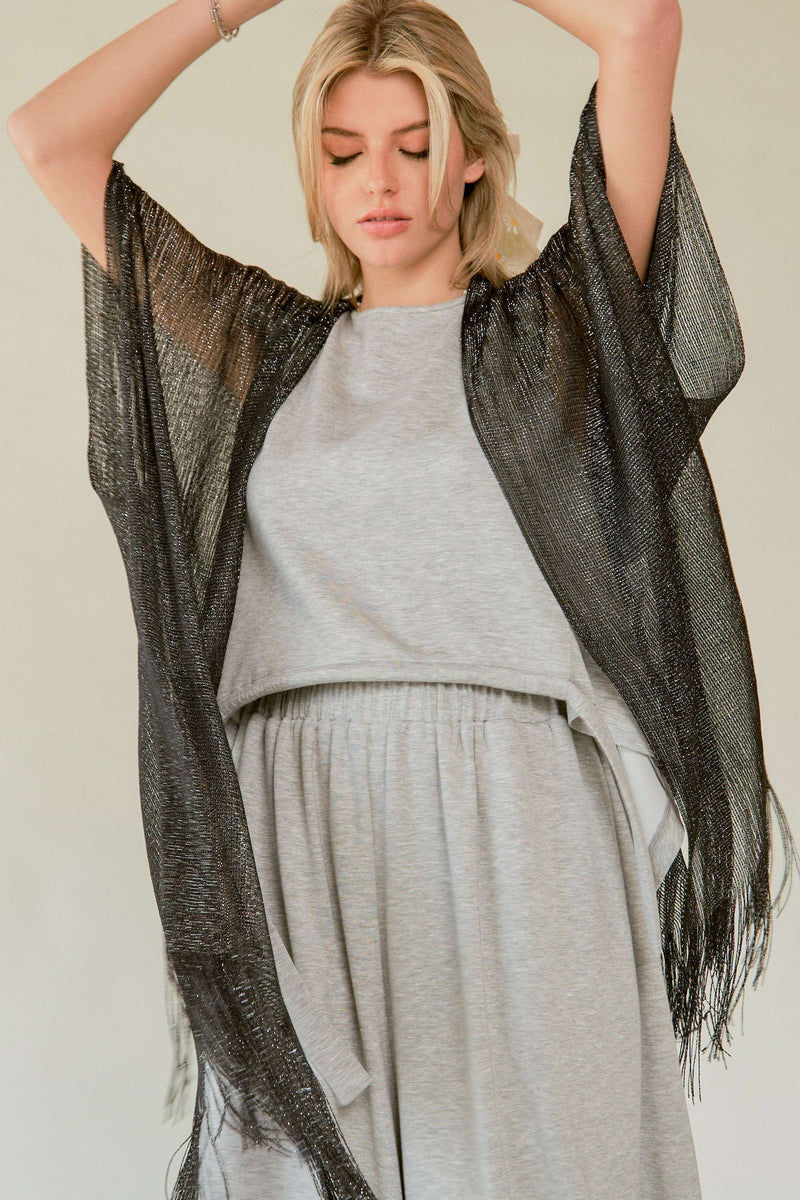 GLITTER TASSEL MESH 1/2 SLEEVE LOOSE FIT KIMONO COVER UP