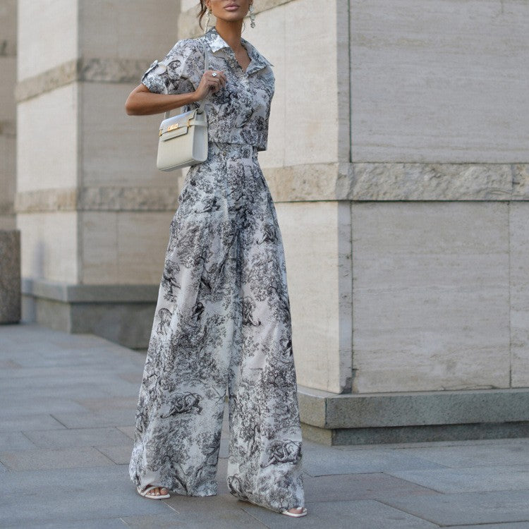Toile Print Collared Top & Wide-Leg Pant Set