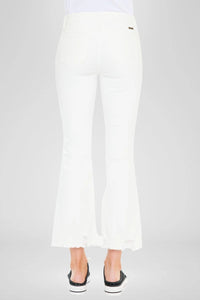 High Rise Cropped Flare White Denim Jeans with Raw Hem