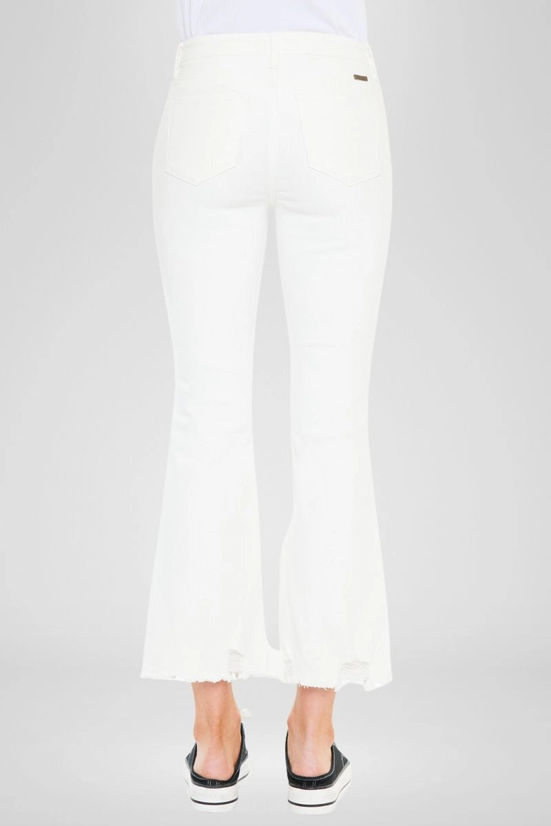 High Rise Cropped Flare White Denim Jeans with Raw Hem