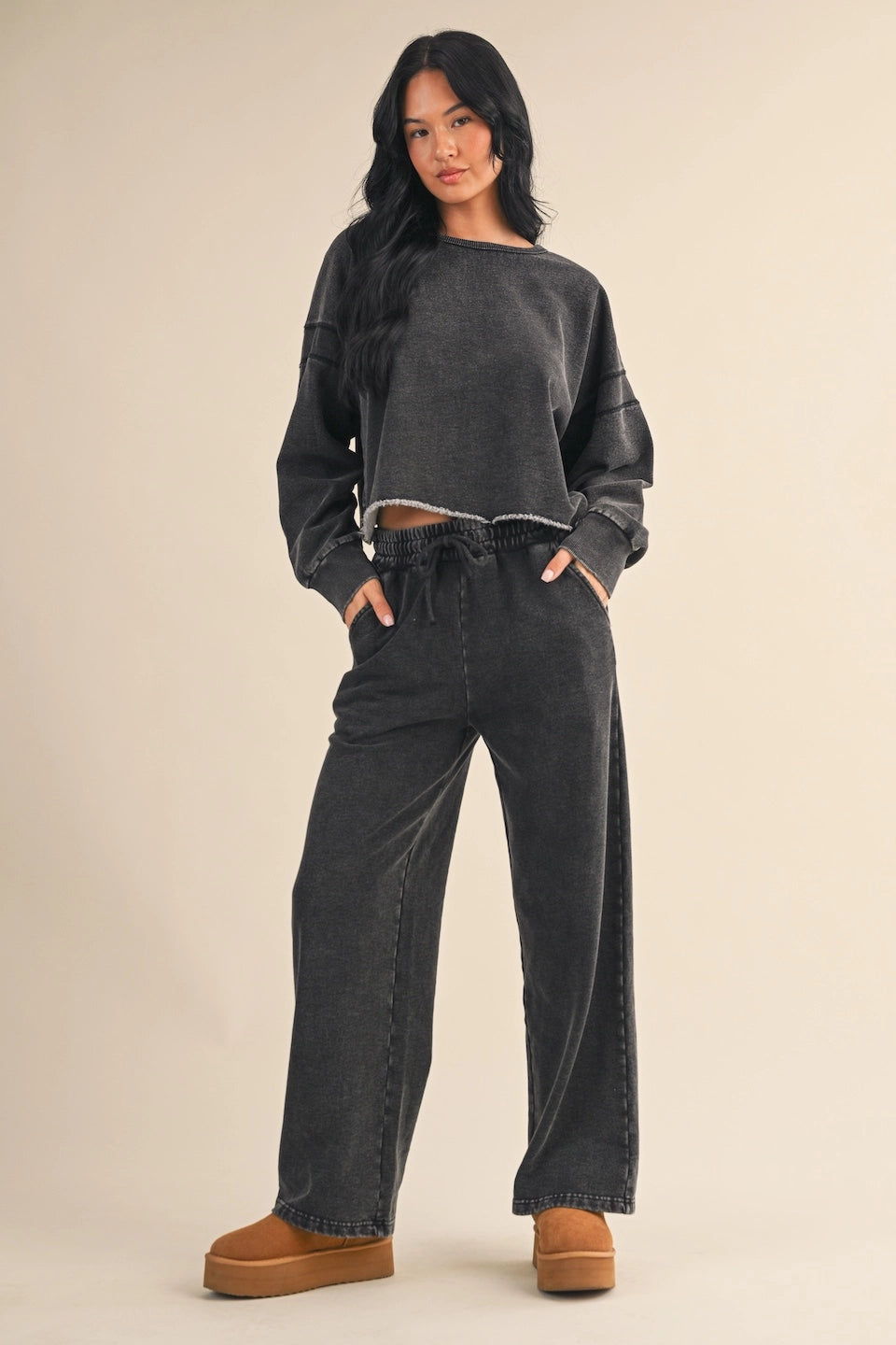 Vintage Wash Open Back Sweatshirt - Charcoal Relaxed Fit Pullover