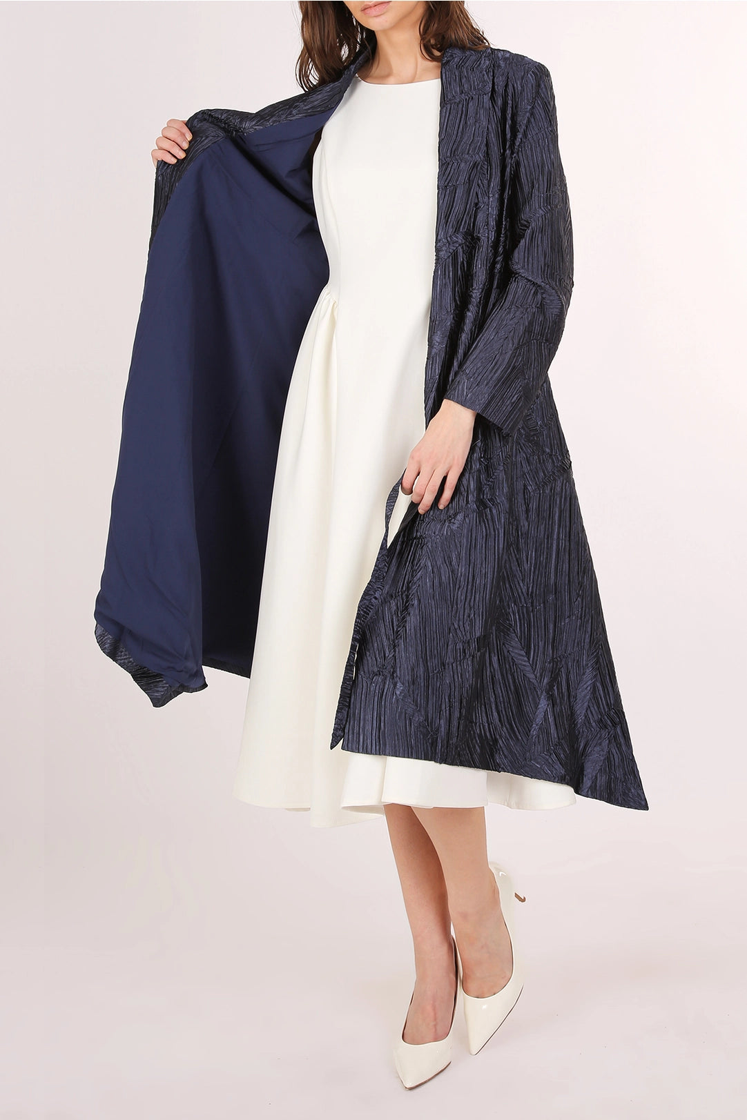 Blue Textured Belted Midi Coat