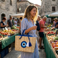 Evil Eye Straw Tote Bag with Drawstring Lining and Tassel Detail