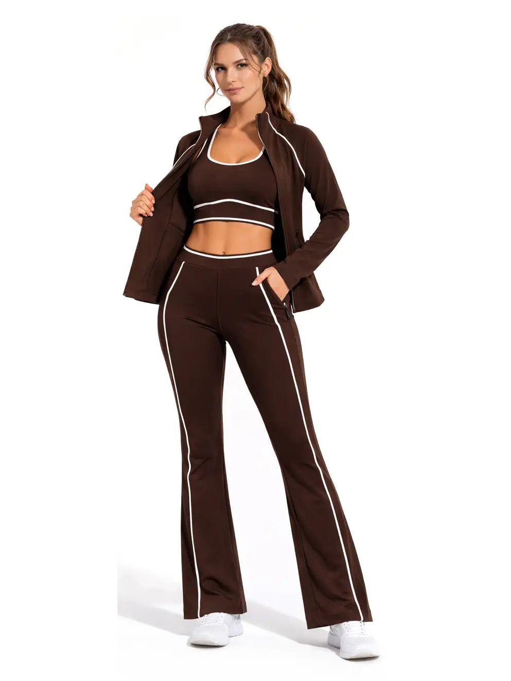Brown Contrast Trim Sports Bra Crop Top