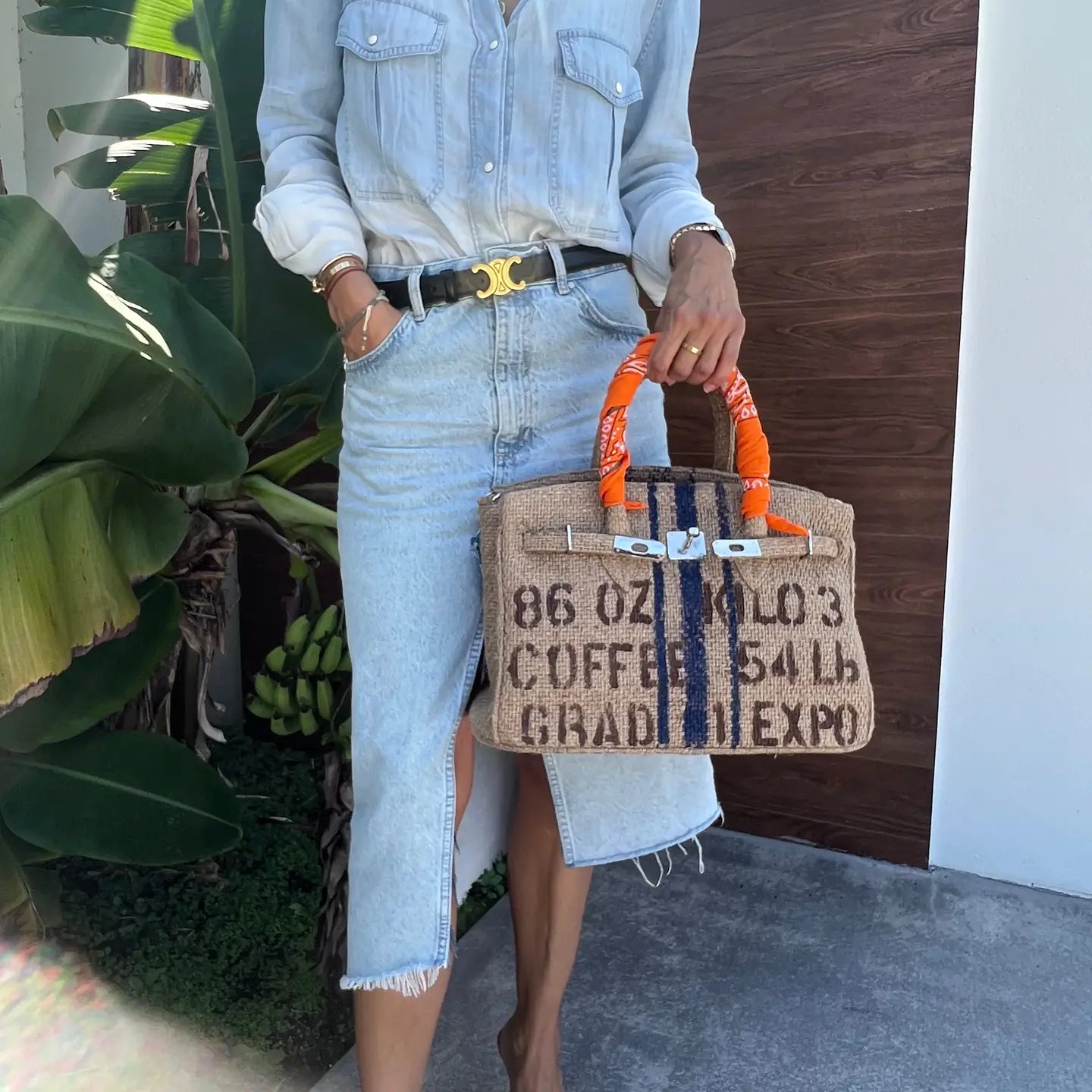 Burlap Coffee Sack Tote Bag with Blue Stripe Detail and Orange Scarf Handles