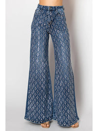 Wide-Leg Denim Jeans with Silver Sequin Geometric Pattern