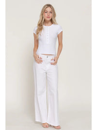 Ribbed White Henley Short Sleeve Fitted Crop Top