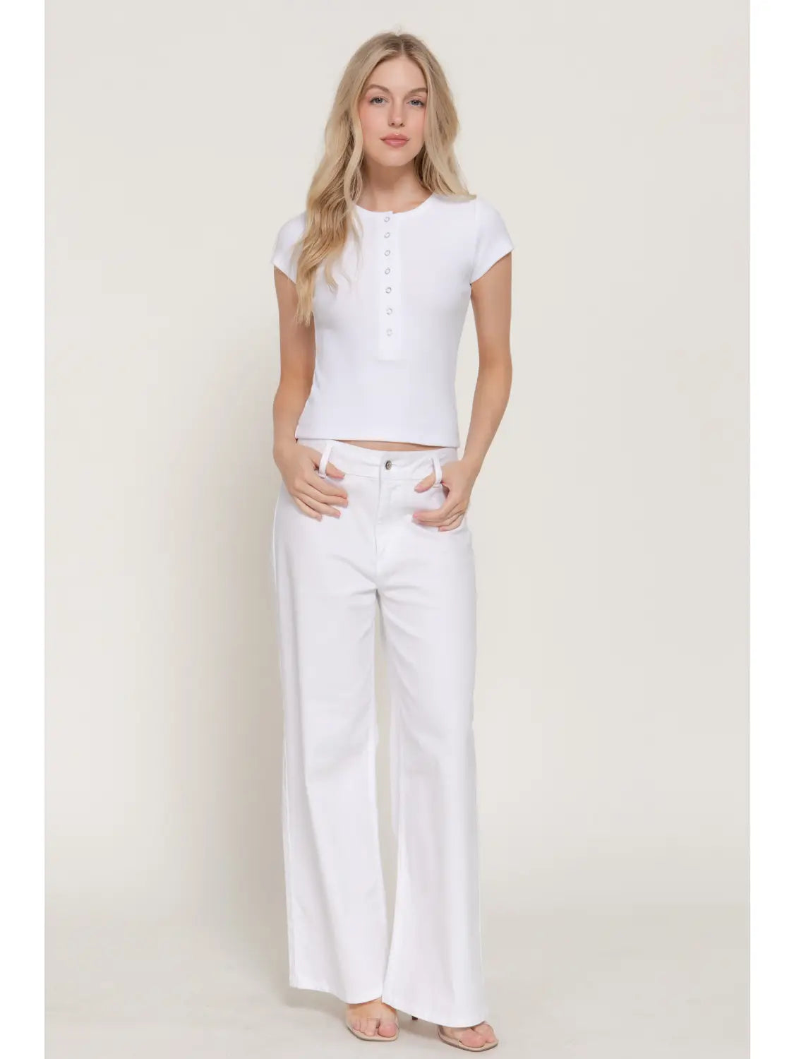 Ribbed White Henley Short Sleeve Fitted Crop Top