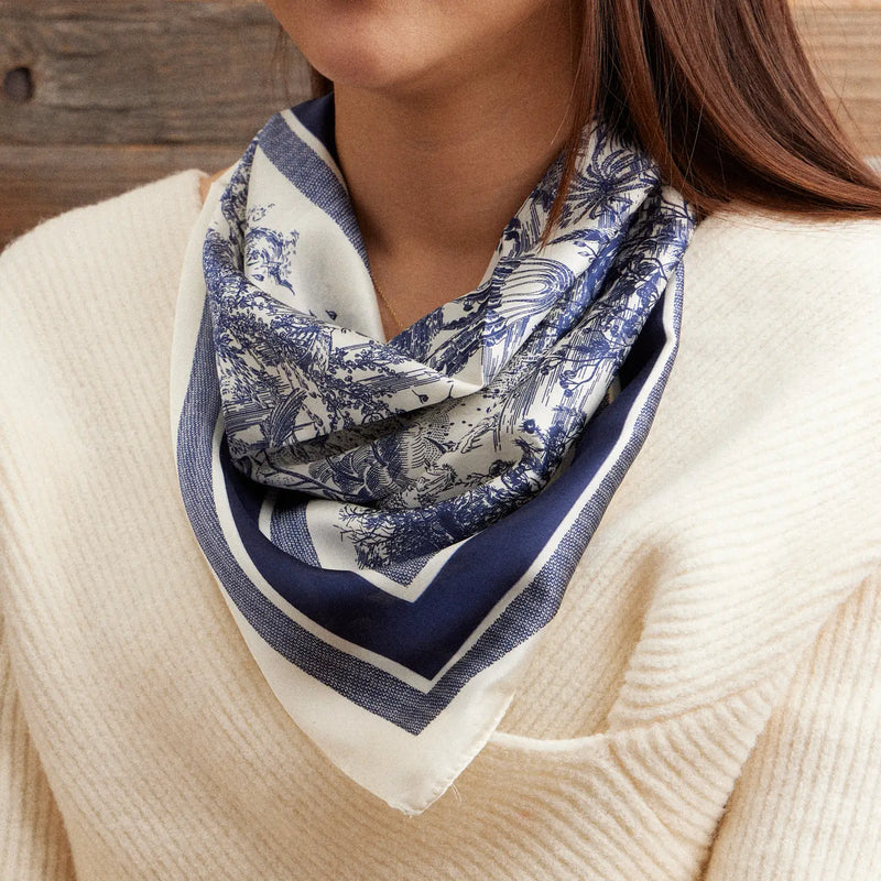 Blue and White Toile Print Silk Bandana Scarf