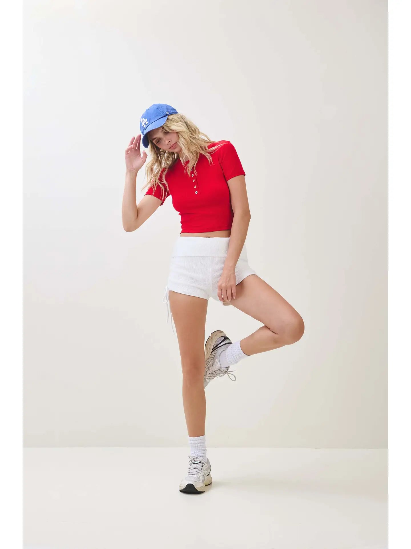Red Ribbed Button Front Cropped Tee