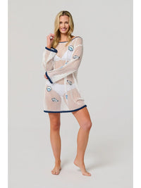 White Crochet Mesh Beach Cover Up with Blue Trim and Sea Life Embroidery