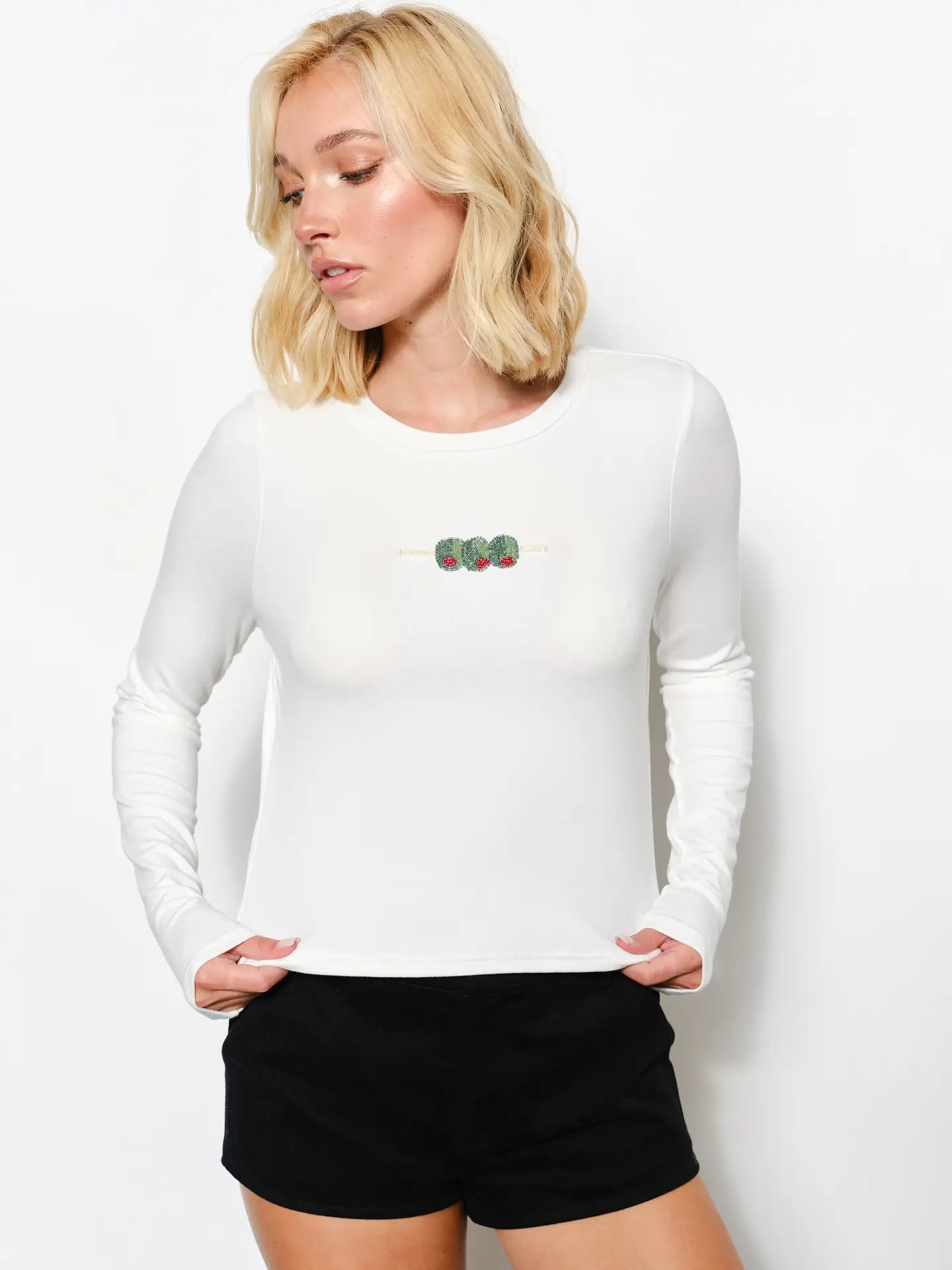 White Fitted Crop Tee Full Sleeves with Beaded Olive Skewer Embellishment