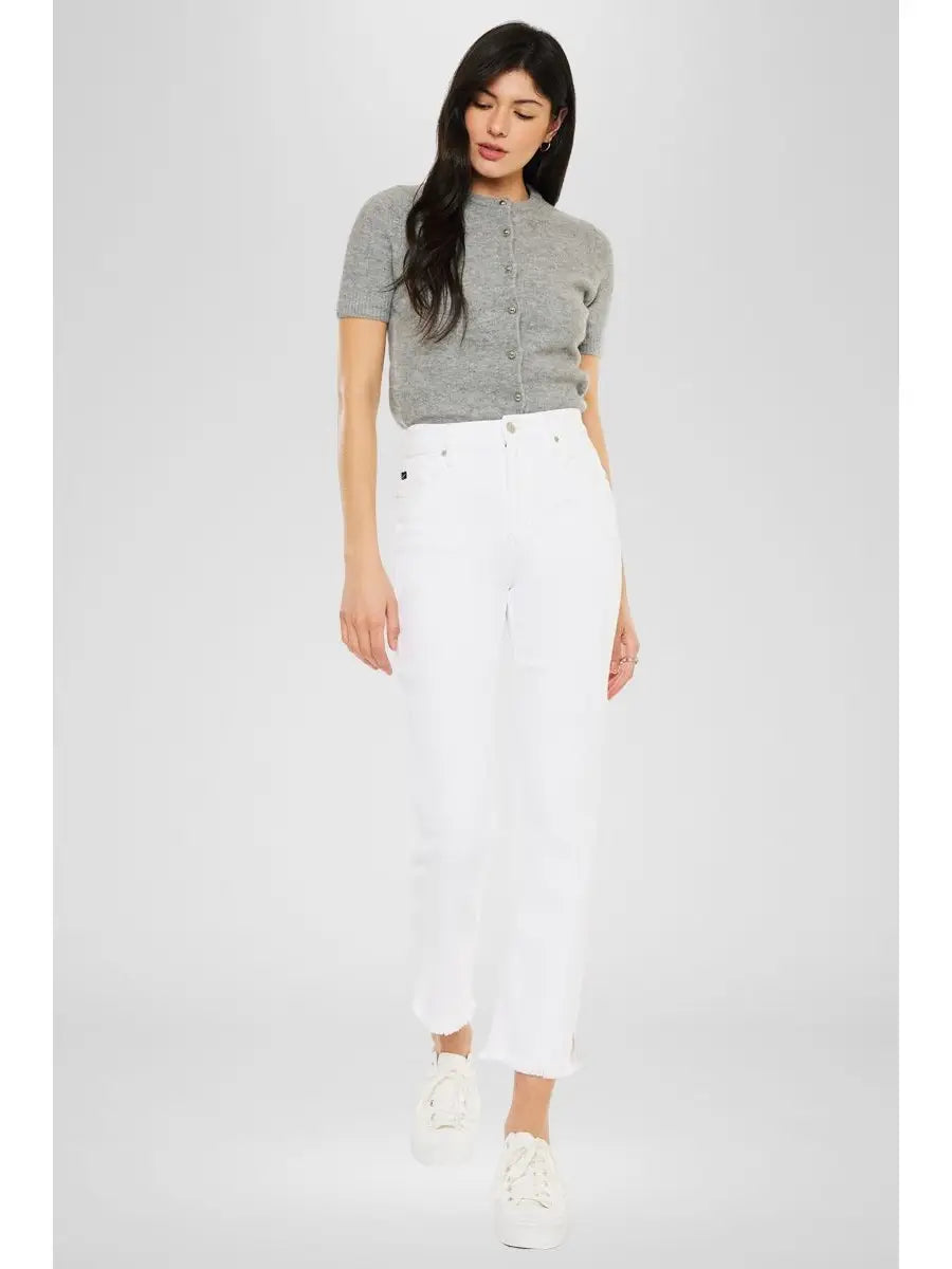 High Rise White Straight Leg Cropped Jeans with Raw Hem