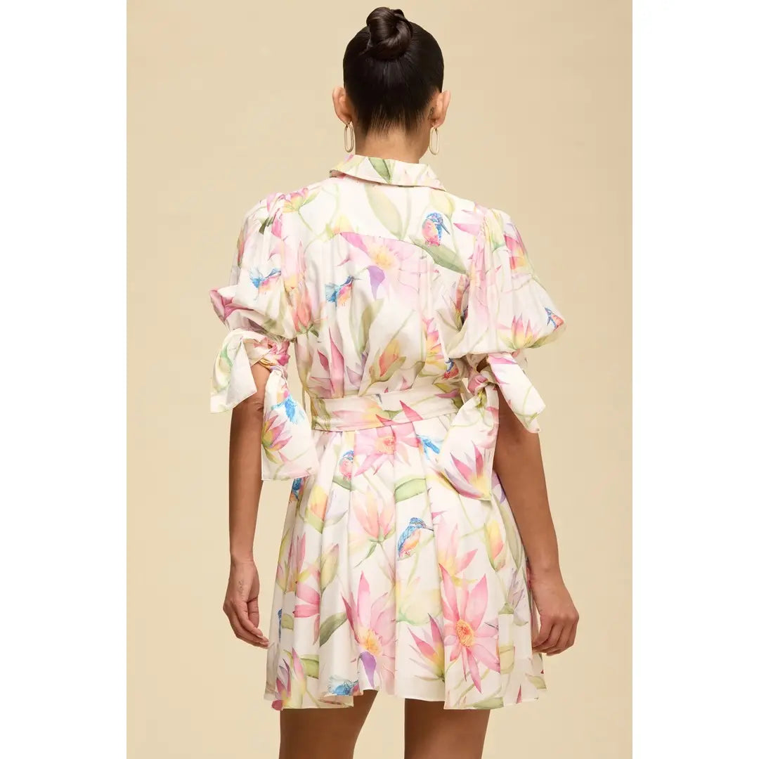 Pastel Floral Puff Sleeve Mini Dress with Belt