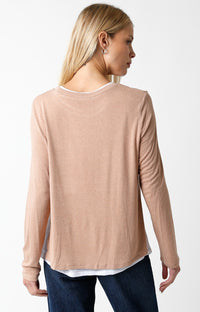 Layered Long Sleeve Top with Side Slits in Camel