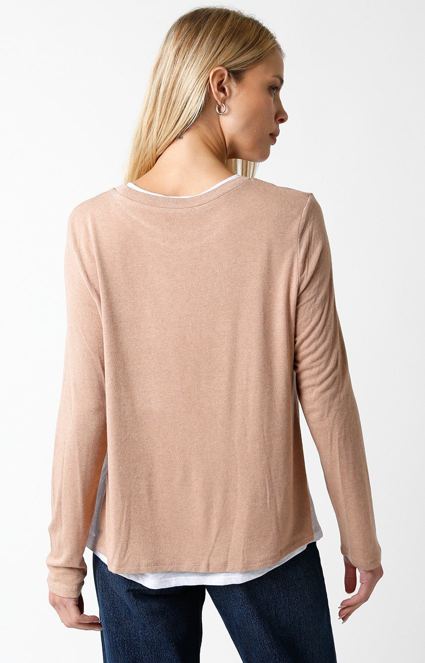 Layered Long Sleeve Top with Side Slits in Camel