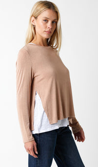 Layered Long Sleeve Top with Side Slits in Camel