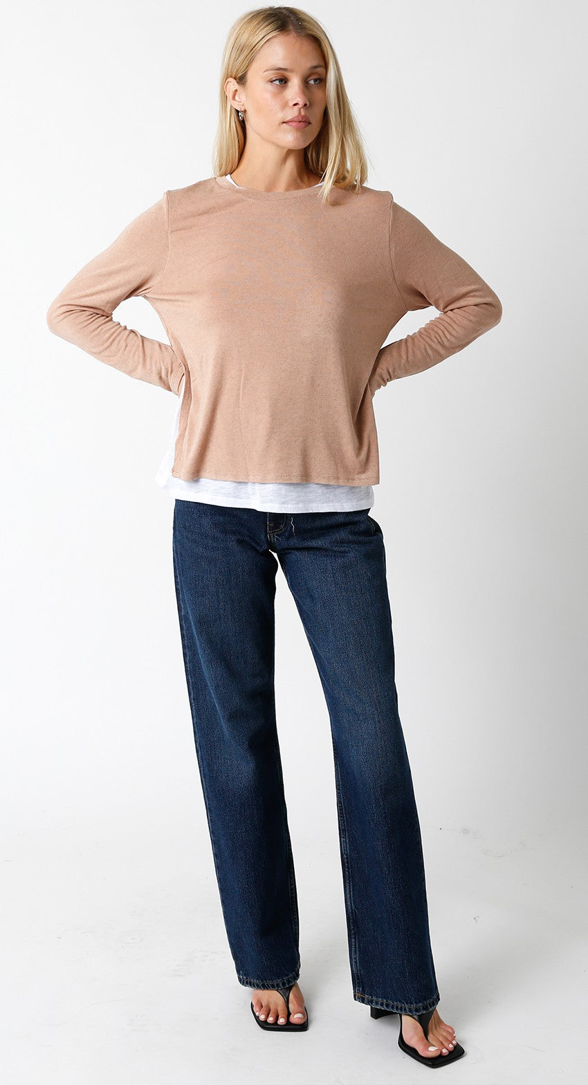 Layered Long Sleeve Top with Side Slits in Camel