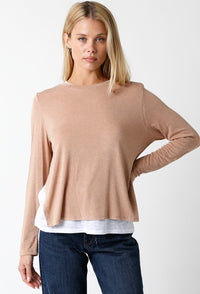 Layered Long Sleeve Top with Side Slits in Camel