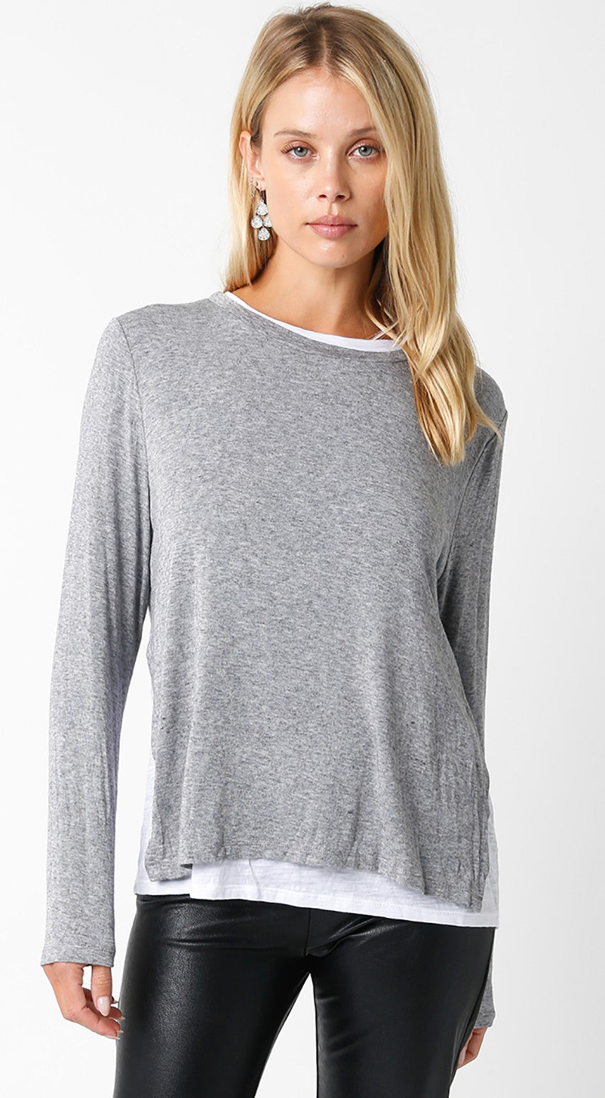 Layered Long Sleeve Top with Side Slits in Gray
