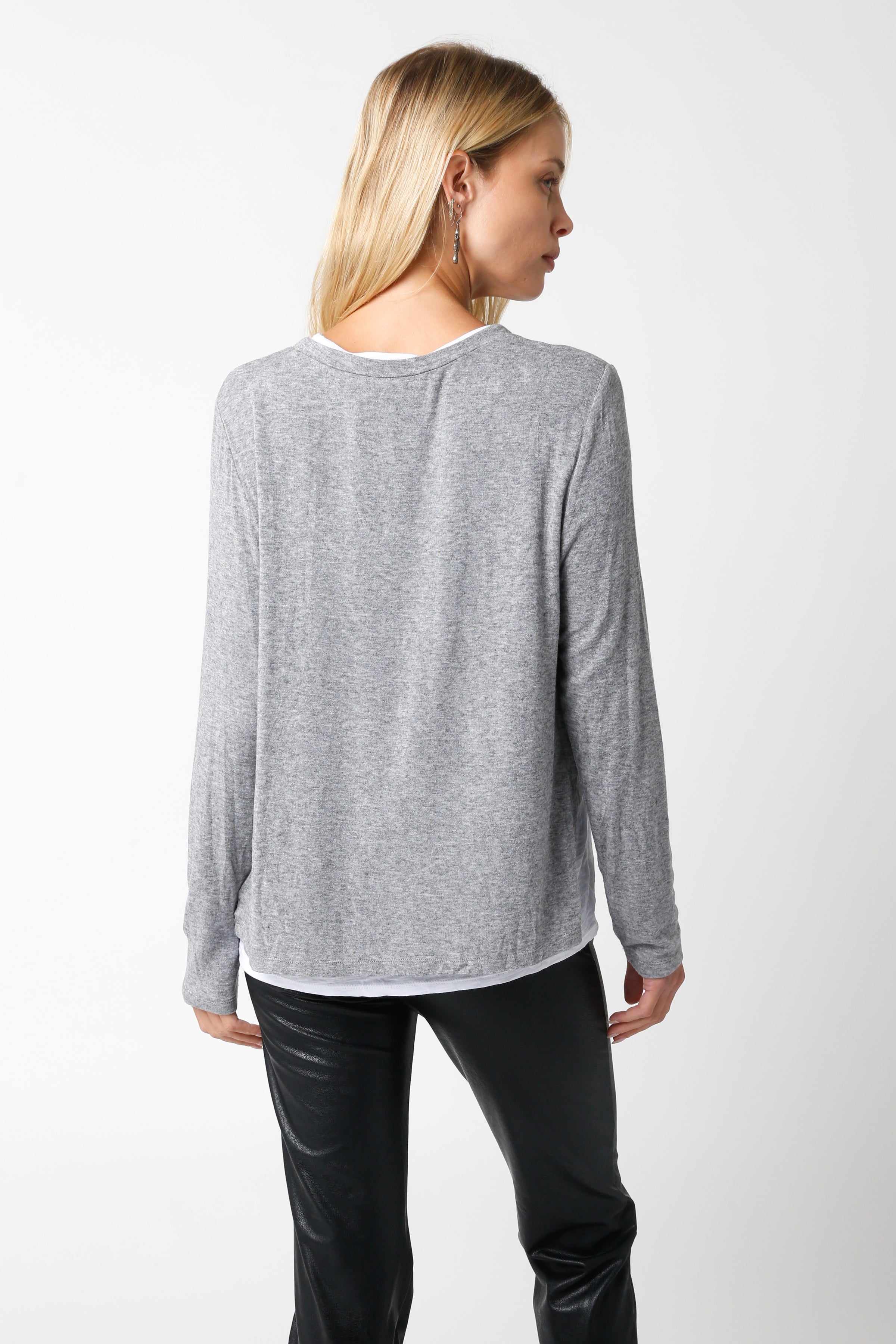 Layered Long Sleeve Top with Side Slits in Gray