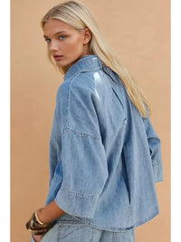 Light Wash Denim Cropped Button Front Shirt