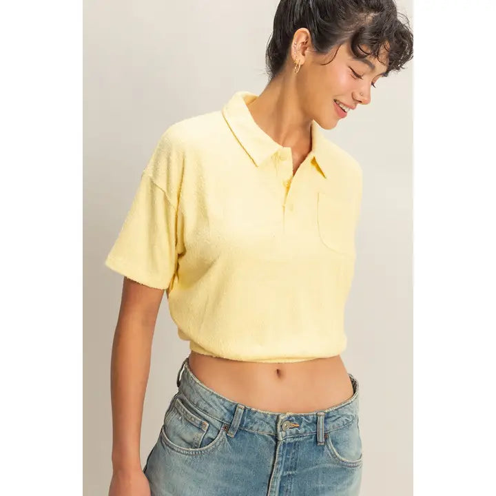 Butter Yellow Cropped Terry Polo Top