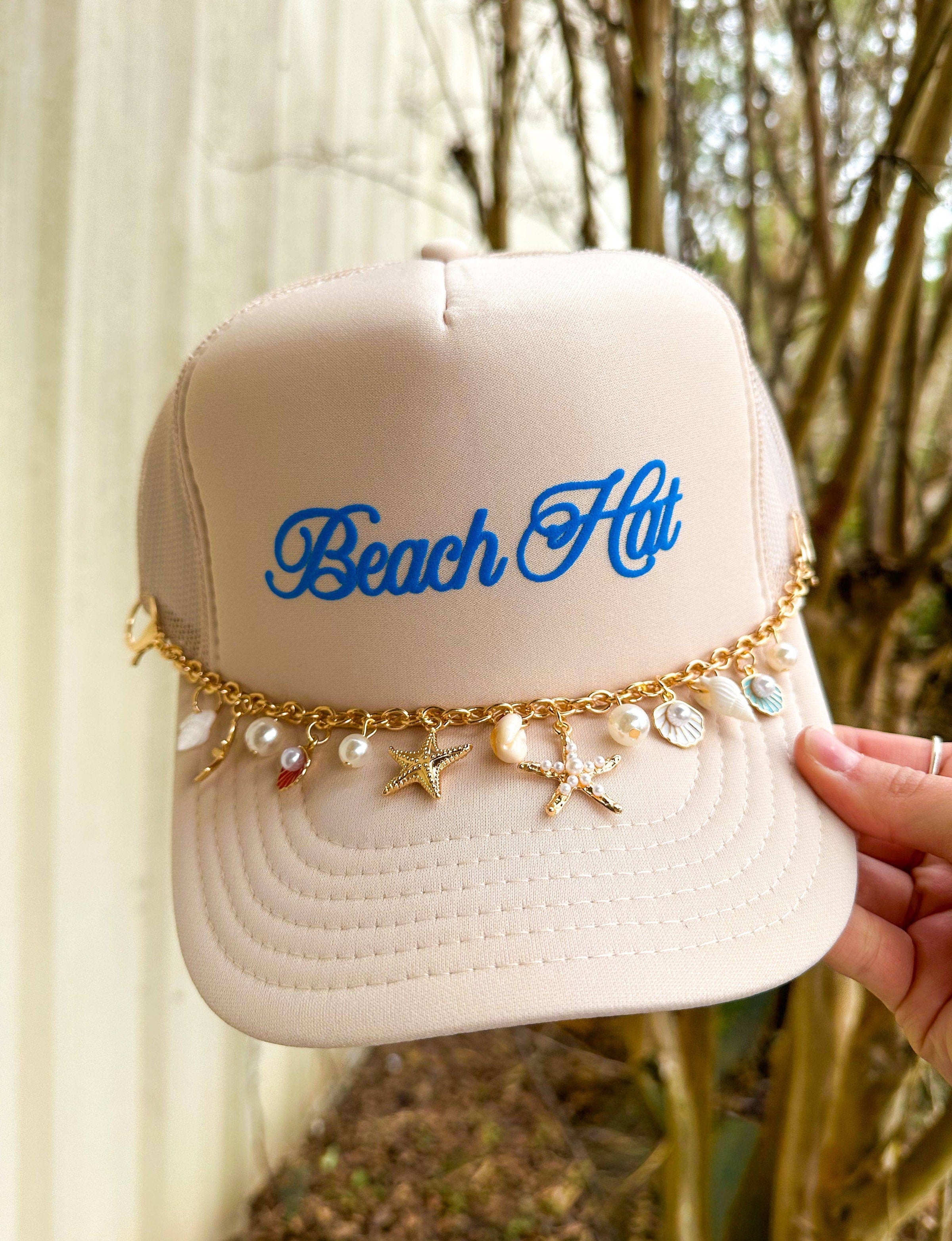 Beach Hut Script Trucker Hat with Shell Charm Chain Coastal Summer Cap