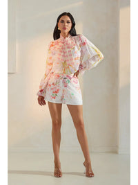 Floral Print Long Sleeve Blouse and High-Waist Shorts Set with Bow Detail