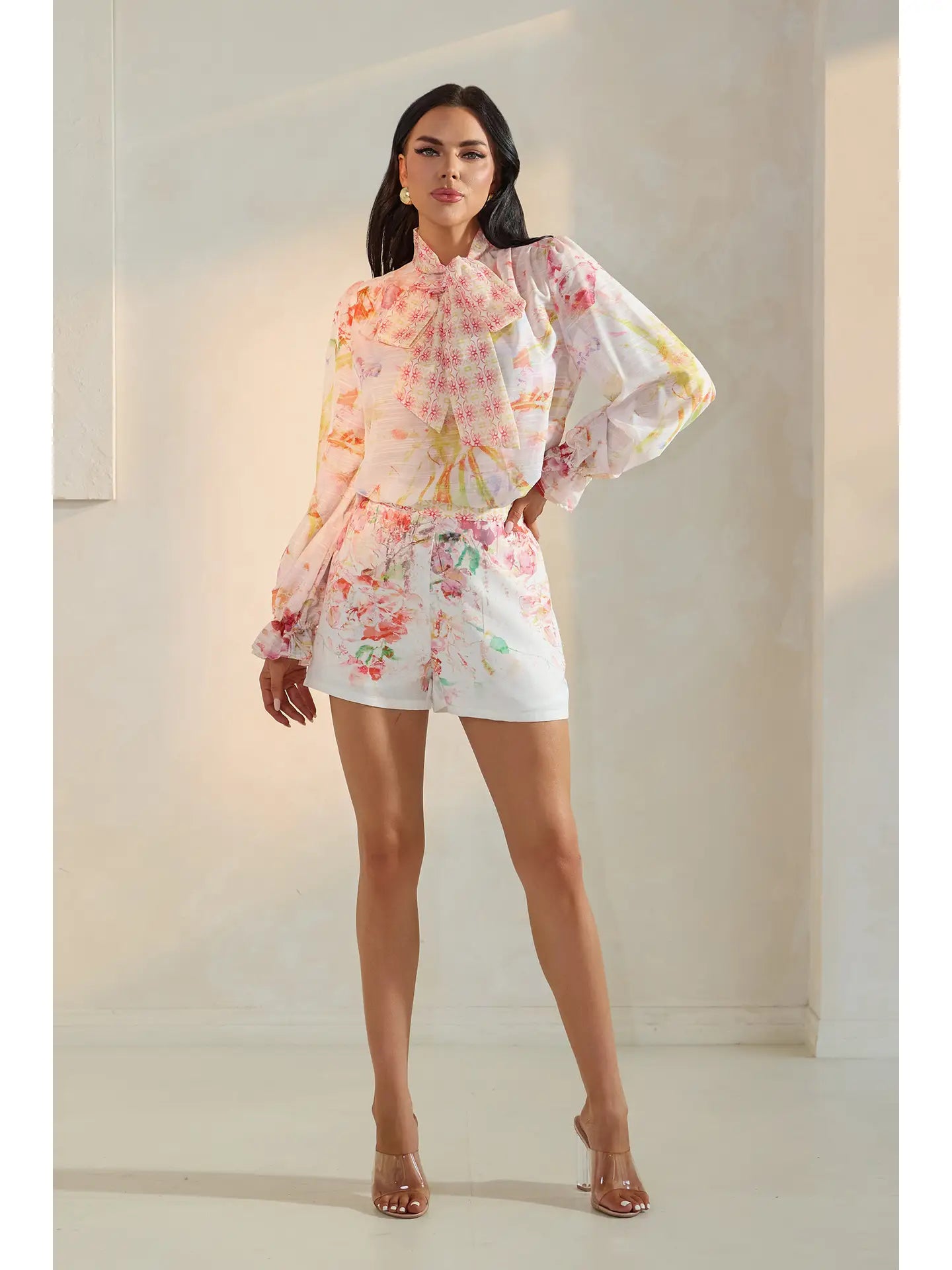 Floral Print Long Sleeve Blouse and High-Waist Shorts Set with Bow Detail