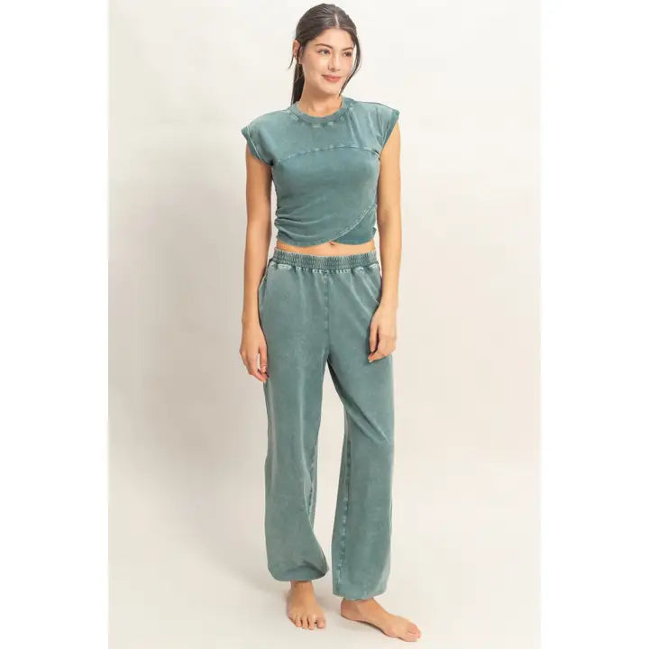 Teal Green Washed Crop Tee and Jogger Lounge Set