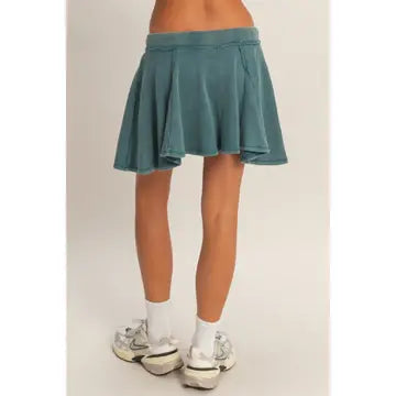 Green Washed Flowy Lounge Skort with Drawstring Waist