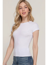 White Ribbed Crew Neck Fitted Short Sleeve Tee