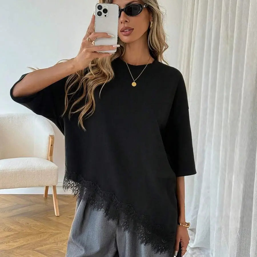 Asymmetrical Lace Hem Relaxed Fit Tunic Top